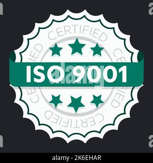 ISO 9001-zertifiziertes Zeichen. Umweltmanagementsystem nach internationalem Standard genehmigter Stempel. Grünes isoliertes Vektorsymbol Stock Vektor