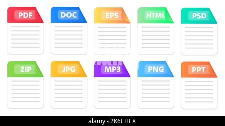 Text Dateierweiterungen. Flache farbige Vector Icons Stock Vektor