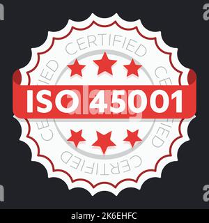 ISO 45001-zertifiziertes Zeichen. Umweltmanagementsystem nach internationalem Standard genehmigter Stempel. Grünes isoliertes Vektorsymbol Stock Vektor