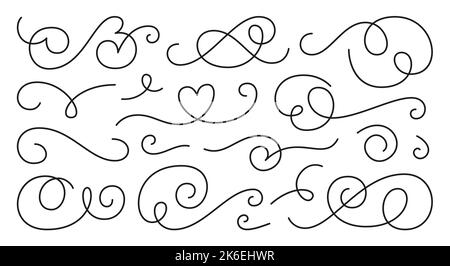 Kalligraphische Wirbel Ornament, Linie Stil blüht gesetzt. Filigrane, dekorative Locken. Dekorative Gestaltungselemente für Menü, Zertifikat, Diplom, Hochzeitskarte, Invatation, Textteiler umreißen Stock Vektor