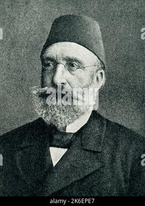 Die Bildunterschrift für dieses Bild von 1910 lautet: „Midhat Pasha, von einer Fotografie“. Pascha wird auch Paşa geschrieben. Midhat Pascha (1822-1883) war zweimal osmanischer Großwizler. Er war bekannt für seine ehrlichen Fähigkeiten, seine Verwaltungsreformen und seine Initiierung der ersten Verfassung des Osmanischen Reiches (1876). Stockfoto