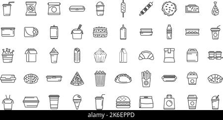 Symbole zum Mitnehmen von Lebensmitteln legen einen Umrissvektor fest. Kaffeekocher. Cafe-Essen Stock Vektor