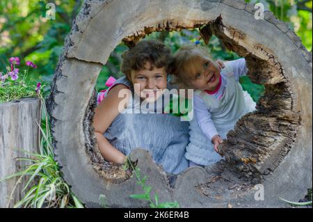 Zwei lustige kleine Mädchen, die Spaß mit einem Schlitten in schönen Park. Stockfoto