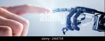 Roboter Berührt Menschliche Hand. Künstliche Intelligenz Und Automatisierung Stockfoto
