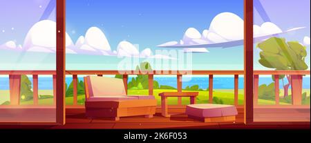 Holzhaus Terrasse am Meer mit grünem Gras und Bäumen. Sommerlandschaft mit Seeufer und Hütte Veranda mit Balustrade, Couch und Tisch, V Stock Vektor