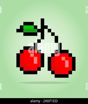 Pixel 8 Bit Kirsche. Früchte für Spielelemente in Vektordarstellung. Stock Vektor