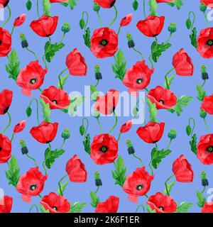 Aquarell handgezeichnete Mohnblumen nahtloses Muster. Botanische Illustration von rotem Mohn. Feld der roten Blumen. Design für Hintergrund, Verpackung, Cover, Dekor Stockfoto