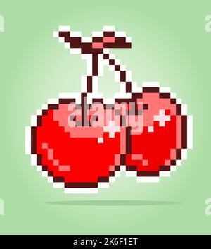Pixel 8 Bit Kirsche. Früchte für Spielelemente in Vektordarstellung. Stock Vektor
