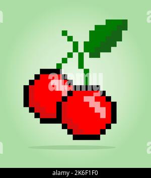 Pixel 8 Bit Kirsche. Früchte für Spielelemente in Vektordarstellung. Stock Vektor
