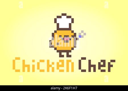 8-Bit-Pixel-Chicken-Chef-Logo. Tiere für Spielelemente in Vektorgrafik. Stock Vektor