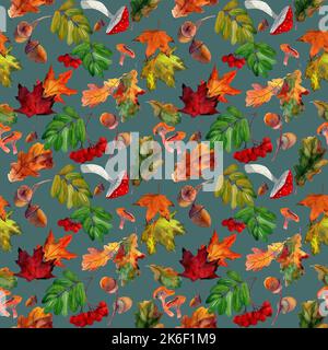 Aquarell von Hand gezeichnetes nahtloses Muster mit herbstlicher roter Eberesche, gelbem Ahornblatt, Eichenblättern, Pilzen, Eicheln. Design für Textil, Hintergrund. Stockfoto