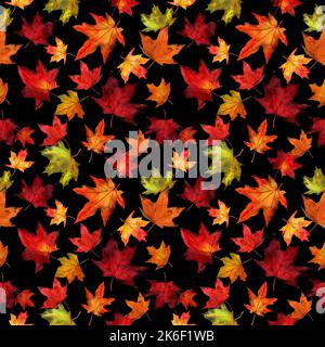 Aquarell nahtloses Muster mit herbstlichem roten und gelben Ahornblättern auf grauem Hintergrund. Botany Ahornblatt Illustration. Stoffvorlage. Stockfoto