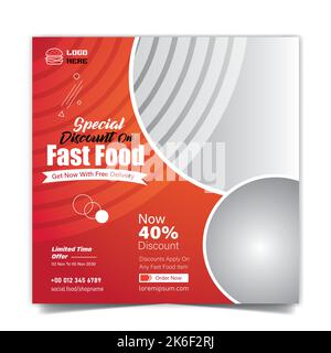 Design eines Fast-Food-Restaurants, das Social-Media-Post oder -Anzeigenvorlage mit Hintergrund vermarktet. Online-Verkaufsposter für frische Pizza, Burger und Pasta Stock Vektor