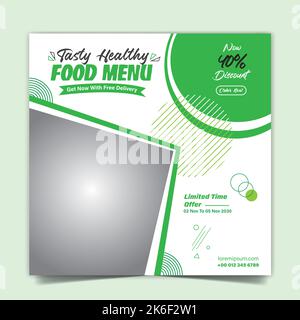 Design eines Fast-Food-Restaurants, das Social-Media-Post oder -Anzeigenvorlage mit Hintergrund vermarktet. Online-Verkaufsposter für frische Pizza, Burger und Pasta Stock Vektor