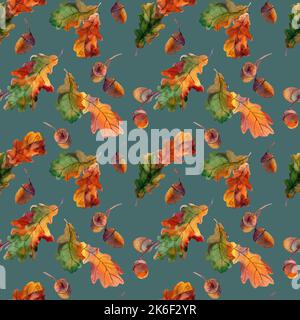Aquarell-Nahtloses Muster mit Herbstgrün und gelbem Eichenlaub auf weißem Hintergrund. Botanik Eichenblatt, Eichelbild. Design für Textilien Stockfoto