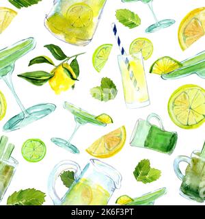 Nahtloses Aquarellmuster mit margarita, grünem Tee im Dekanter, Gläsern, Limette, Minze. Illustration von hausgemachter Limonade mit Früchten. Umweltfreundliches Design Stockfoto