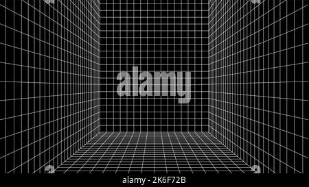 Abstrakter Computerhintergrund im Stil von 80s. Interieur im Sci-Fi-Stil mit Retro-Linien. Synthwave- oder retrowave-Rasterraum. Stock Vektor