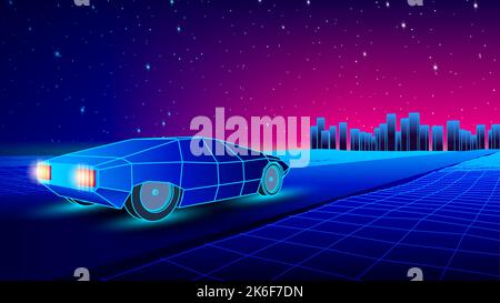 Neon-Auto in 80s Synthwave-Stil Rennen in die Stadt. RetroWave Auto Illustration mit glänzenden Neon-Auto auf der Grid-Landschaft Straße in 90s Arcade-Spiel Stock Vektor