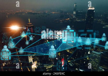 Smart City, iot-Netzwerk und Cloud Computing, Nachtdrohne oder Luftaufnahme von Gebäuden oder Wolkenkratzern. Overlay, Infrastruktur oder Internetverbindung Stockfoto