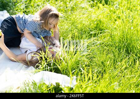 Bruder und Schwester umarmen und lachen fröhlich, liegen auf dem grünen Gras. Die Sonne scheint, die Kinder sind unbeschwert glücklich. Das Konzept eines glücklichen Familienlebens und der Bindung. Speicherplatz kopieren. Stockfoto