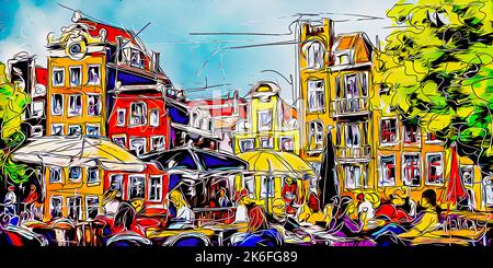 Café auf der alten Brücke in Amsterdam Sonnenschirme und Tische Mädchen auf einem Fahrrad expressive digitale Malerei Moderne Kunst Bunte Illustration Digitale Kunst Stockfoto