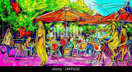 Café auf der alten Brücke in Amsterdam Sonnenschirme und Tische Mädchen auf einem Fahrrad expressive digitale Malerei Moderne Kunst Bunte Illustration Digitale Kunst Stockfoto