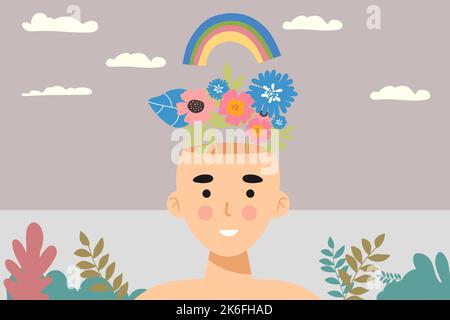 Psychische Gesundheitsversorgung Behandlung Vektor Illustration Konzept. Facharzt arbeitet, um Psychotherapie zu geben. Kleine Menschen Charakter mit Leiter Design Stock Vektor