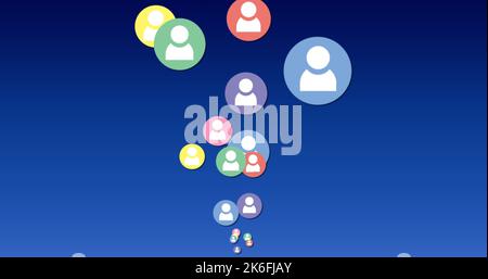 Bild der Benutzersymbole auf blauem Hintergrund. Social Media, Kommunikation, Verbindungen, globales Netzwerk und neues Technologiekonzept digital generierte vide Stockfoto