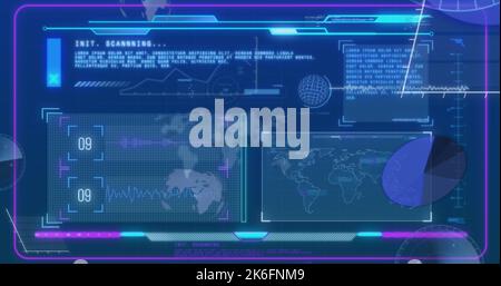 Abbildung der digitalen Schnittstelle und Datenverarbeitung auf blauem Hintergrund Stockfoto