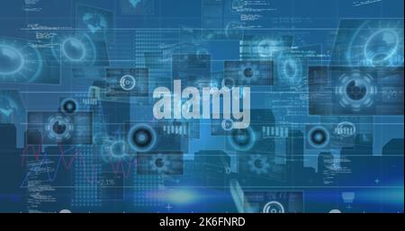 Abbildung der digitalen Schnittstelle und Datenverarbeitung auf Bildschirmen mit blauem Hintergrund Stockfoto