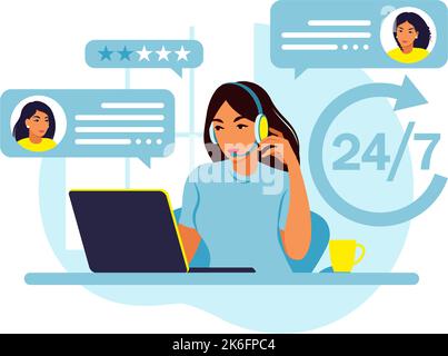 Kundenservicekonzept. Frau mit Kopfhörer und Mikrofon mit Laptop. Support, Unterstützung, Call Center. Vektorgrafik. Flacher Style Stock Vektor