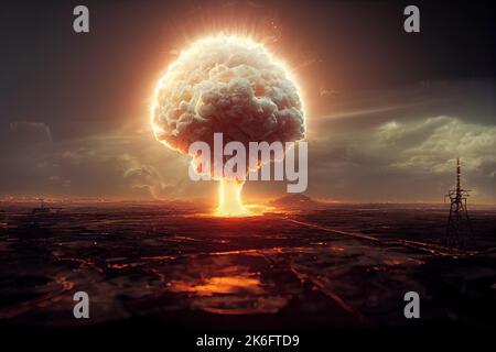 Die Drohnenansicht einer nuklearen Explosion, die während eines apokalyptischen Krieges in einer Stadt auftritt, würde eine Feuerpilzwolke erzeugen. 3D digitale Abbildung. Stockfoto