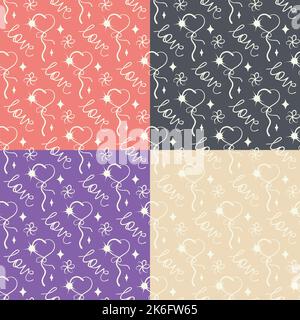 Festliches Herz-Doodle-Nahtloses Muster. Handgezeichnete Vektor-dekorative Illustration. Cartoon-Stil, Ballon, Sterne, Liebe Schriftzug Text. Weiße Creme Stock Vektor