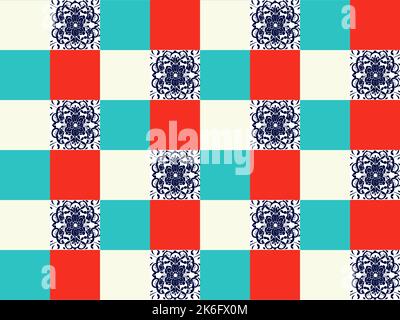 Nahtlose Vektor-Linie Kunstmuster aus blühenden bunten Blumen und bunten Rechtecken Stock Vektor