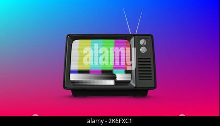 Abbildung: Mehrfarbige Glitzereffekte auf dem Fernsehbildschirm vor verlaufendem Hintergrund, Kopierbereich Stockfoto