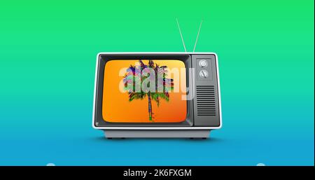 Abbildung einer Palme mit Glitzereffekt auf dem Fernsehbildschirm vor einem verlaufenden Hintergrund Stockfoto
