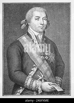 Manuel de Godoy y Alvarez de Faria Rios Sanchez Zarzosa (12. Mai 1767 in Badajoz, Spanien bis 4. Oktober 1851 in Paris) war ein spanischer Staatsmann, der eine Politik des Aufgeklärten Absolutismus betrieb, der Friedensfürst, Historisch, digital restaurierte Produktion einer Originalvorlage aus dem 19. Jahrhundert, genau Originaldatum nicht bekannt / Manuel de Godoy y Alvarez de Faria Rios Sanchez Zarzosa (12. Mai 1767 in Badajoz, Spanien - 4. Oktober 1851 in Paris) war ein spanischer Staatsmann, der eine Politik des aufgeklärten Absolutismus, des Friedensfürsten, Historischen, digital restaurierten r, verfolgte Stockfoto