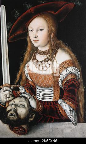 Lucas Cranach der Ältere (* vermutlich um den 4. Oktober 1472 in Kronach, † 16. Oktober 1553) war einer der bedeutendsten deutschen Maler, Grafiker und Buchdrucker der Renaissance, hier das Gemälde Judith mit dem Haupt des Holofernes, Historisch, digital restaurierte Reproduktion einer Originalvorlage aus dem 19. Jahrhundert, genau Originaldatum nicht bekannt / Lucas Cranach der Ältere (* wahrscheinlich um den 4. Oktober 1472 in Kronach, † 16. Oktober 1553) war einer der bedeutendsten deutschen Maler, Grafiker und Buchdrucker der Renaissance, hier das Gemälde Judith mit dem Kopf o Stockfoto