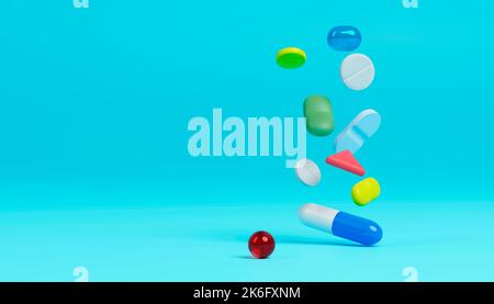 Eine Gruppe von Antibiotika-Pillen Kapseln fallen. Healthcare and Medical 3D Illustration Hintergrund. Stockfoto