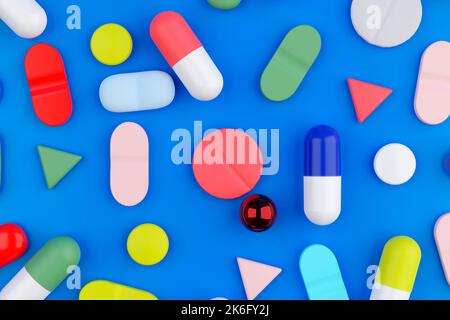 Einen Hintergrund mit verschiedenen medizinischen Pillen und Kapseln gefüllt. 3D-Render Abbildung. Stockfoto