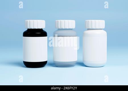 Nachbau der Pillen-Flasche. Set von Pillen Gläser mit leerem Etikett und weiß mit schwarz isoliert auf blauem Hintergrund. 3D Abbildung Stockfoto