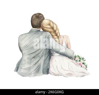 Ich habe gerade ein Paar geheiratet. Braut und Bräutigam. Aquarell handgezeichnete Illustration. Romantische Grafiken für Hochzeiten. Stockfoto