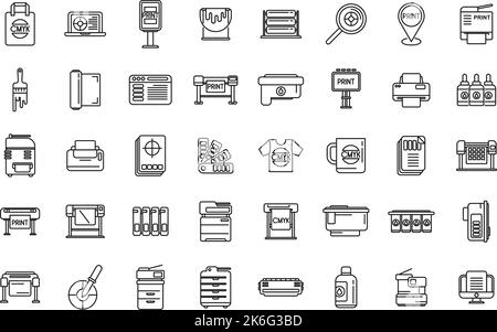 Symbole für den Digitaldruck legen den Umrissvektor fest. Computerdrucker. Papier digital Stock Vektor