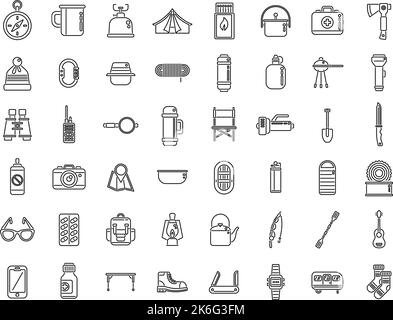 Ausrüstung für Wander-Symbole setzen Umrissvektor. Wanderrucksack. Schuhe wandern Stock Vektor