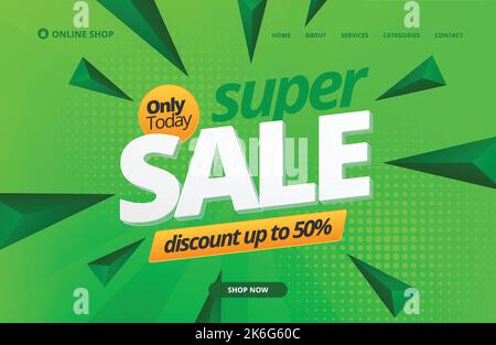 Super-Angebot: 50 % Rabatt. Shopping Day Poster oder Banner. Online-Verkauf Banner Vorlage Design für Social Media und Website. Landing Page Der Green Theme Website. Stock Vektor