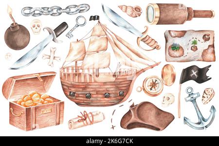 Satz von Piraten-Elementen. Schiff, Brust aus Gold, Säbel, Anker, runde Bombe, Kompass, Spyglass, Schatzkarte, Piratenflagge, Schädel. Aquarelldarstellung. Stockfoto