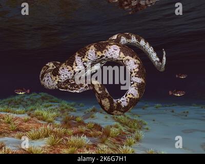Prähistorische Riesenschlange Titanoboa unter Wasser Stockfoto