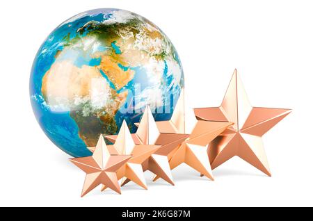 Erdkugel mit fünf goldenen Sternen. 3D Darstellung isoliert auf weißem Hintergrund Stockfoto