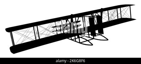 Silhouette mit einem historischen Doppeldecker-Flugzeug aus dem Jahr 1903 Stockfoto
