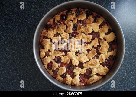 Köstlicher frisch gebackener Pflaumenkuchen in seiner Backform Stockfoto